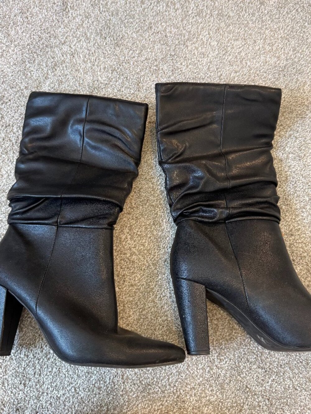 Vegan Slouchy Black Mid Calf Boots Block Heel Women's Size 8.5 Zipless Booties